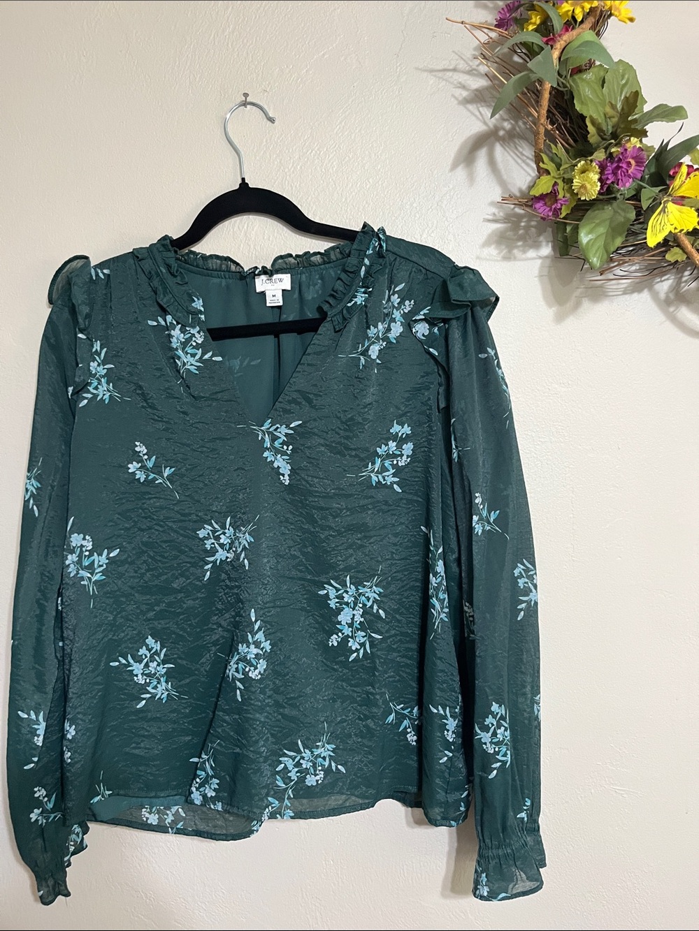 J. Crew Forest Green Floral V-Neck Long Sleeve Blouse